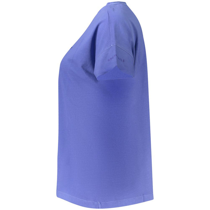 Side view of a blue cotton women t-shirt with short sleeves