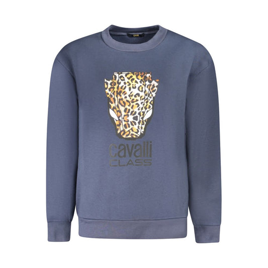 Blue polyester crewneck sweatshirt featuring a leopard print animal graphic and Cavalli Class logo on the chest