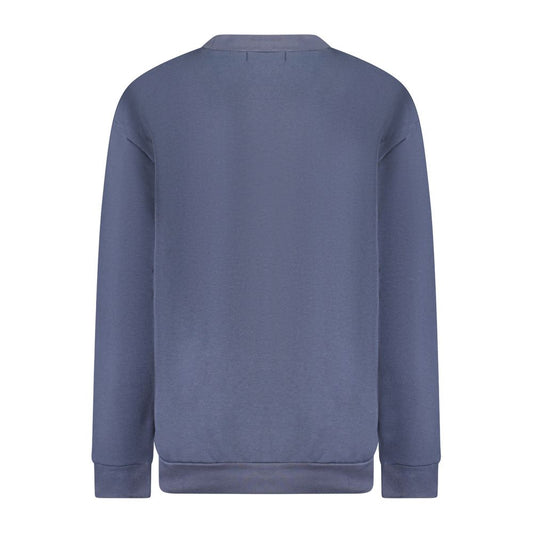 Blue polyester women's crewneck sweatshirt shown from the back