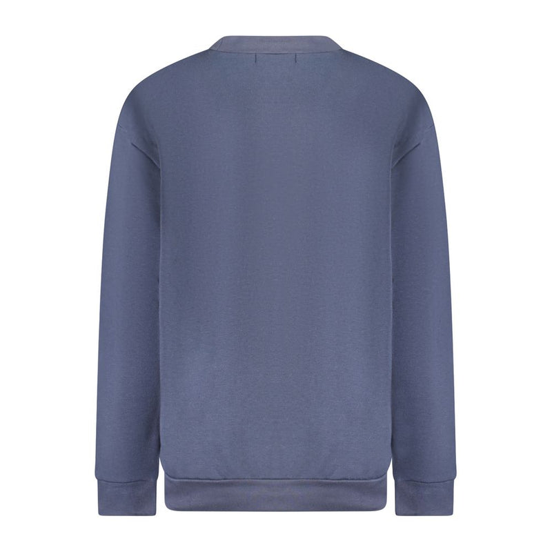 Blue polyester women's crewneck sweatshirt shown from the back