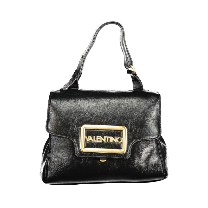 Black polyurethane women's handbag with adjustable handle and gold logo hardware