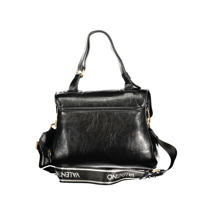 Black polyurethane women's handbag with adjustable handle and gold logo hardware
