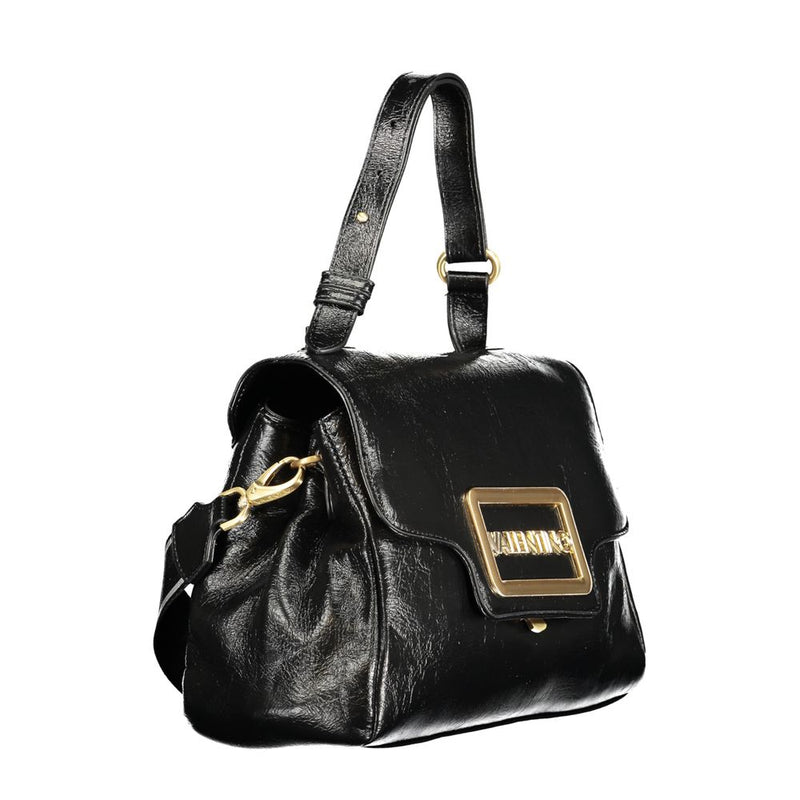 Black polyurethane women's handbag with adjustable handle and gold buckle