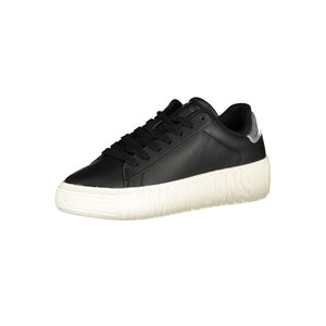 Tommy Hilfiger black leather women's sneaker with black laces and a chunky white rubber sole embossed with logo text.