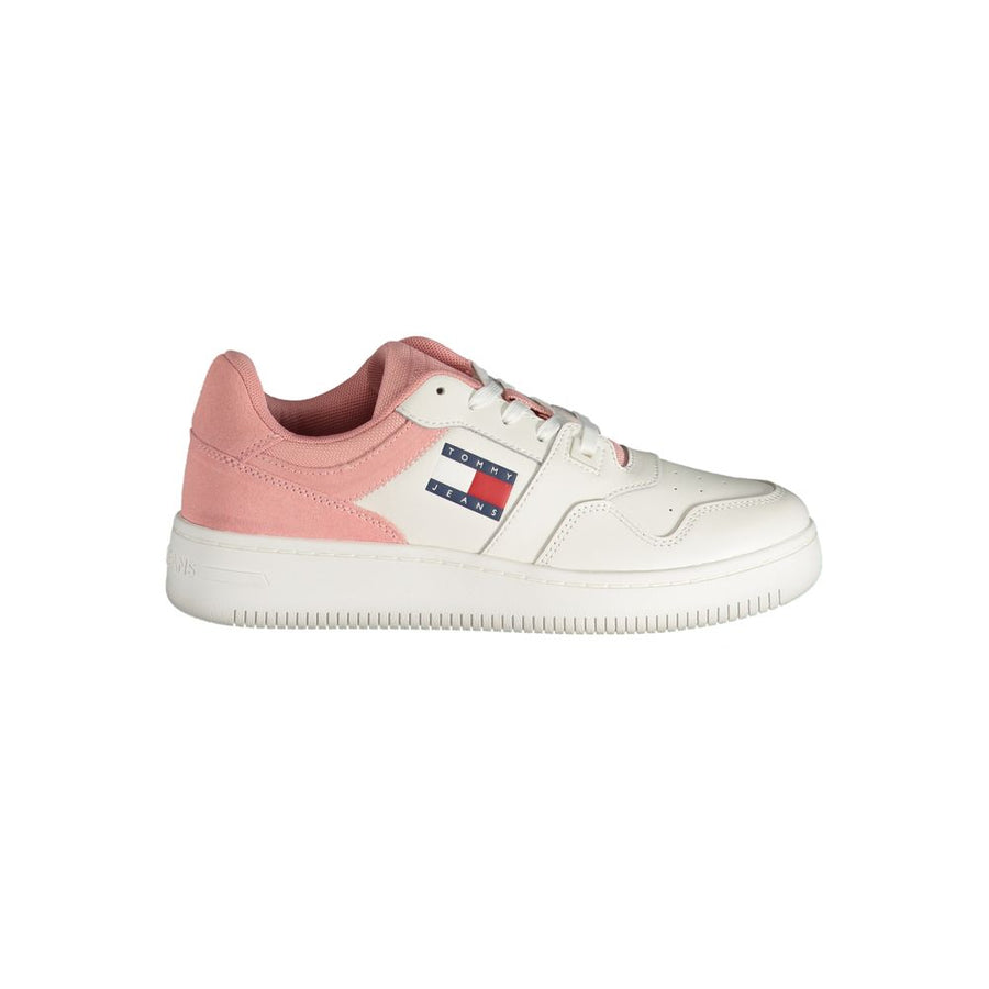 Tommy Hilfiger white and pink leather sneaker with a casual, sporty style and Tommy Jeans logo branding.