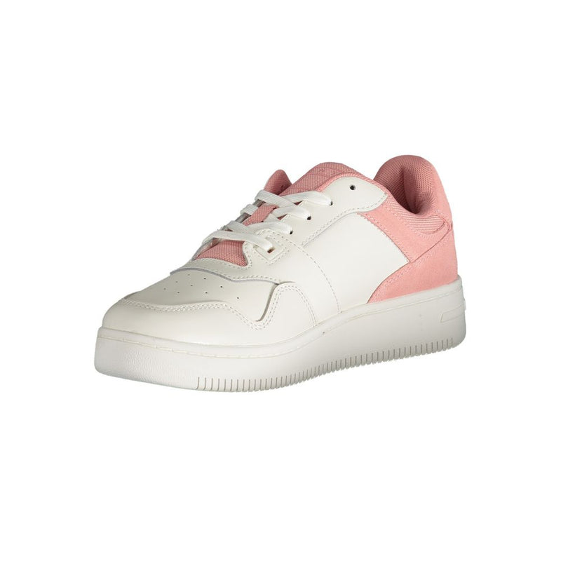 Tommy Hilfiger Rosa white leather women's sneakers with pink suede accents and laces, side view.