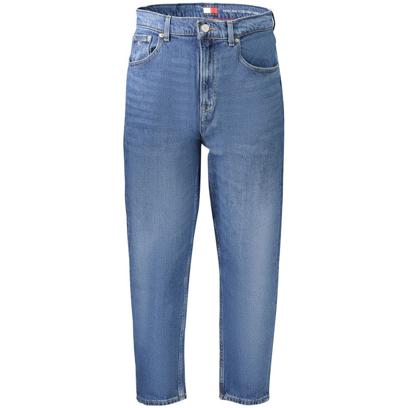 Blue cotton high-waisted women's mom jeans with relaxed fit and tapered legs