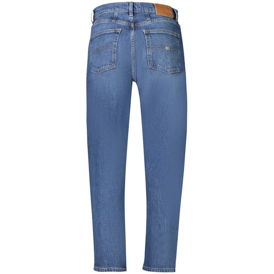 Blue cotton high-waisted women's mom jeans with relaxed fit and tapered legs