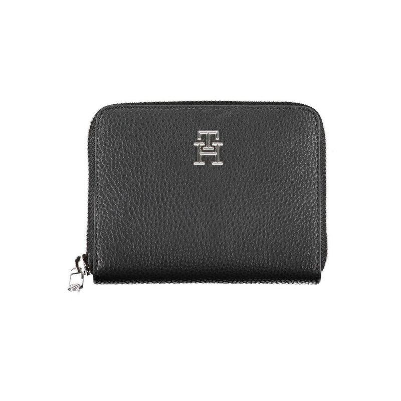 Black pebbled polyurethane zip-around wallet with a silver logo
