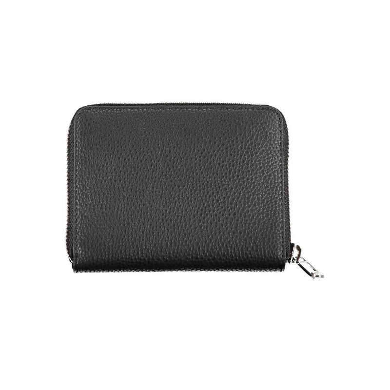 Black textured polyurethane zip-around wallet for women