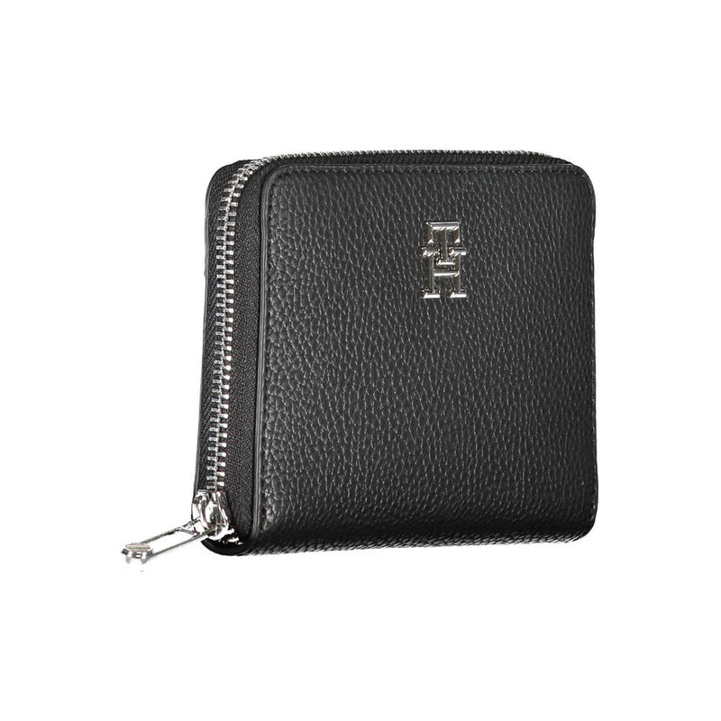 Black polyurethane zip-around wallet with silver hardware and logo