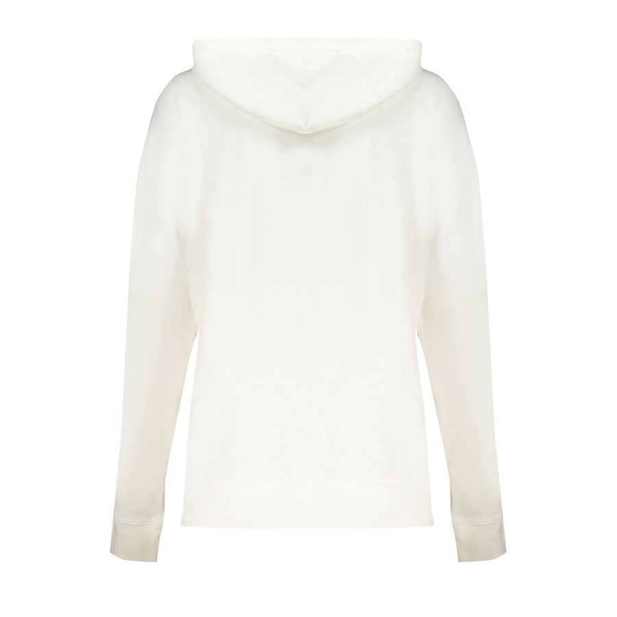 White cotton zip-up women's hoodie with a drawstring hood and subtle chest logo
