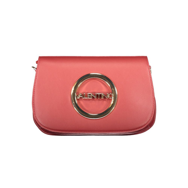Red polyurethane crossbody bag with a large gold circular logo clasp