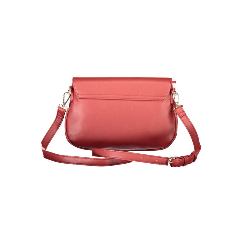 Red polyurethane crossbody bag with flap and gold hardware