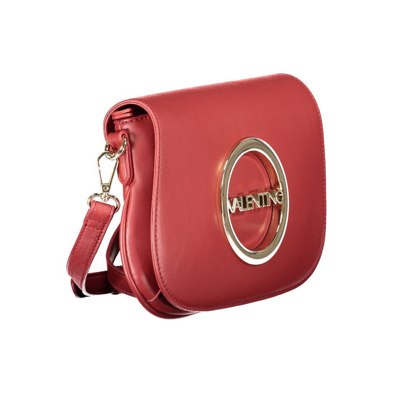 Red polyurethane women's crossbody bag with a flap closure and gold logo hardware