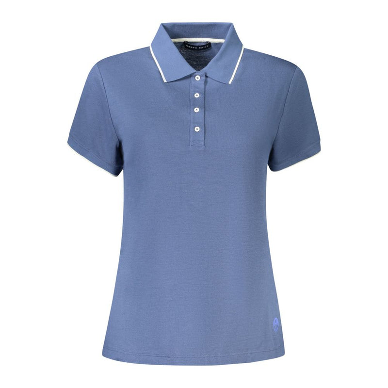 Blue modal short-sleeve women's polo shirt with a white-trimmed collar and four-button placket