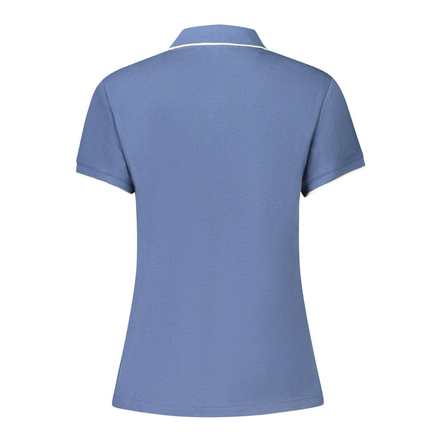 Blue modal short-sleeve women's polo shirt with a white-trimmed collar and four-button placket