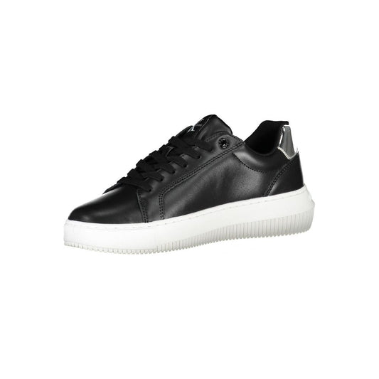 Calvin Klein black leather women’s sneaker with a white platform sole and silver heel detail.