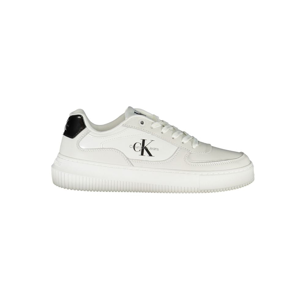Calvin Klein white leather women's sneaker with black heel tab and logo side detail.