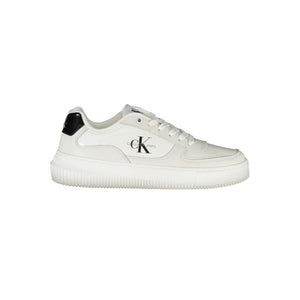 Calvin Klein white leather women's sneaker with black heel tab and logo side detail.