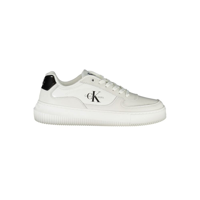 Calvin Klein white leather women's sneaker with black heel tab and logo side detail.