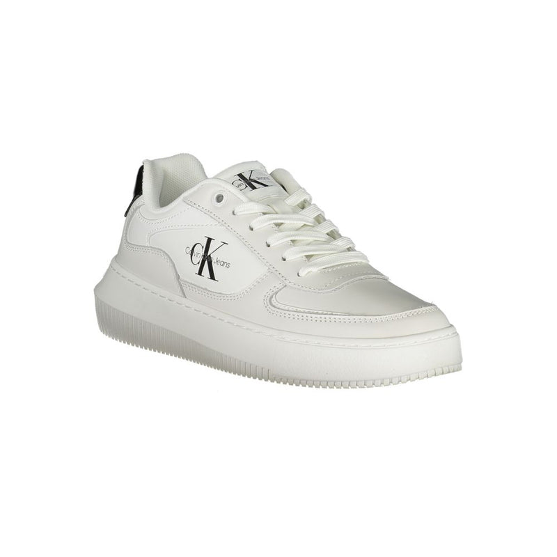 Calvin Klein white leather women's low-top sneaker with black logo and thick platform sole.