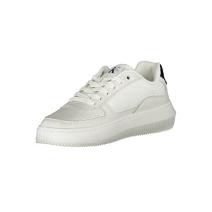 White leather Calvin Klein women's sneakers with a minimalist lace-up style and a thick platform sole.