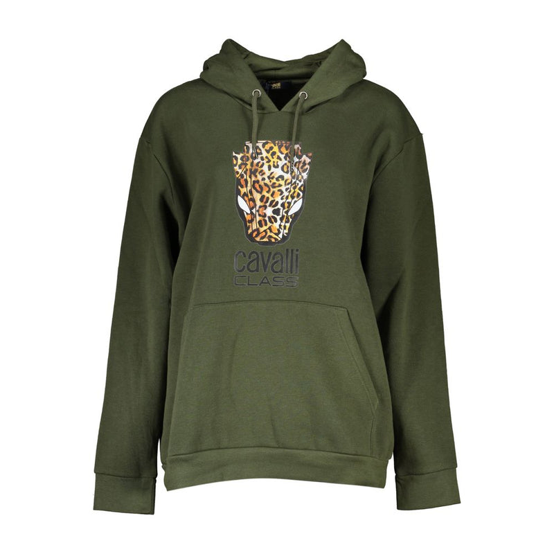 Olive green women's polyester hoodie featuring a leopard print animal graphic and Cavalli Class logo on the front