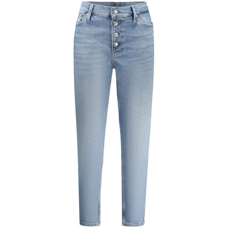 Light blue cotton denim women's jeans with a high-rise waist and exposed button fly