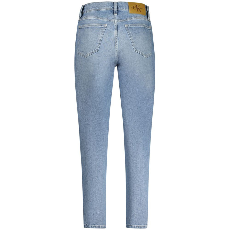 Light blue cotton denim women's jeans with a high-rise waist and exposed button fly