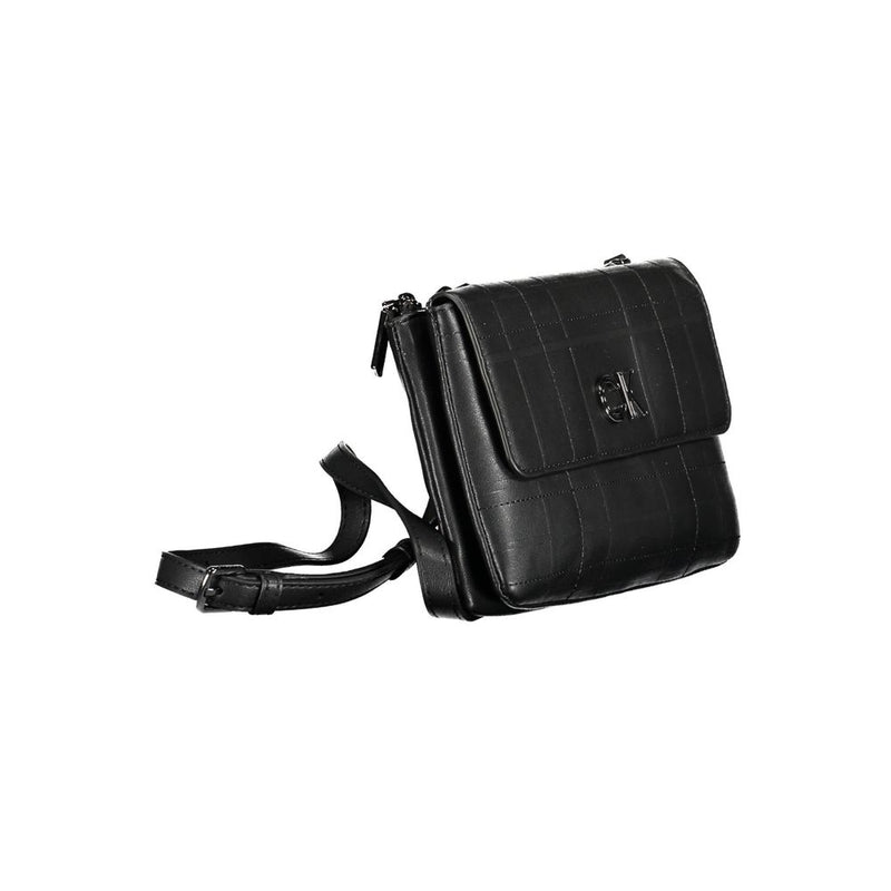 Black polyester structured shoulder bag with a flap and logo