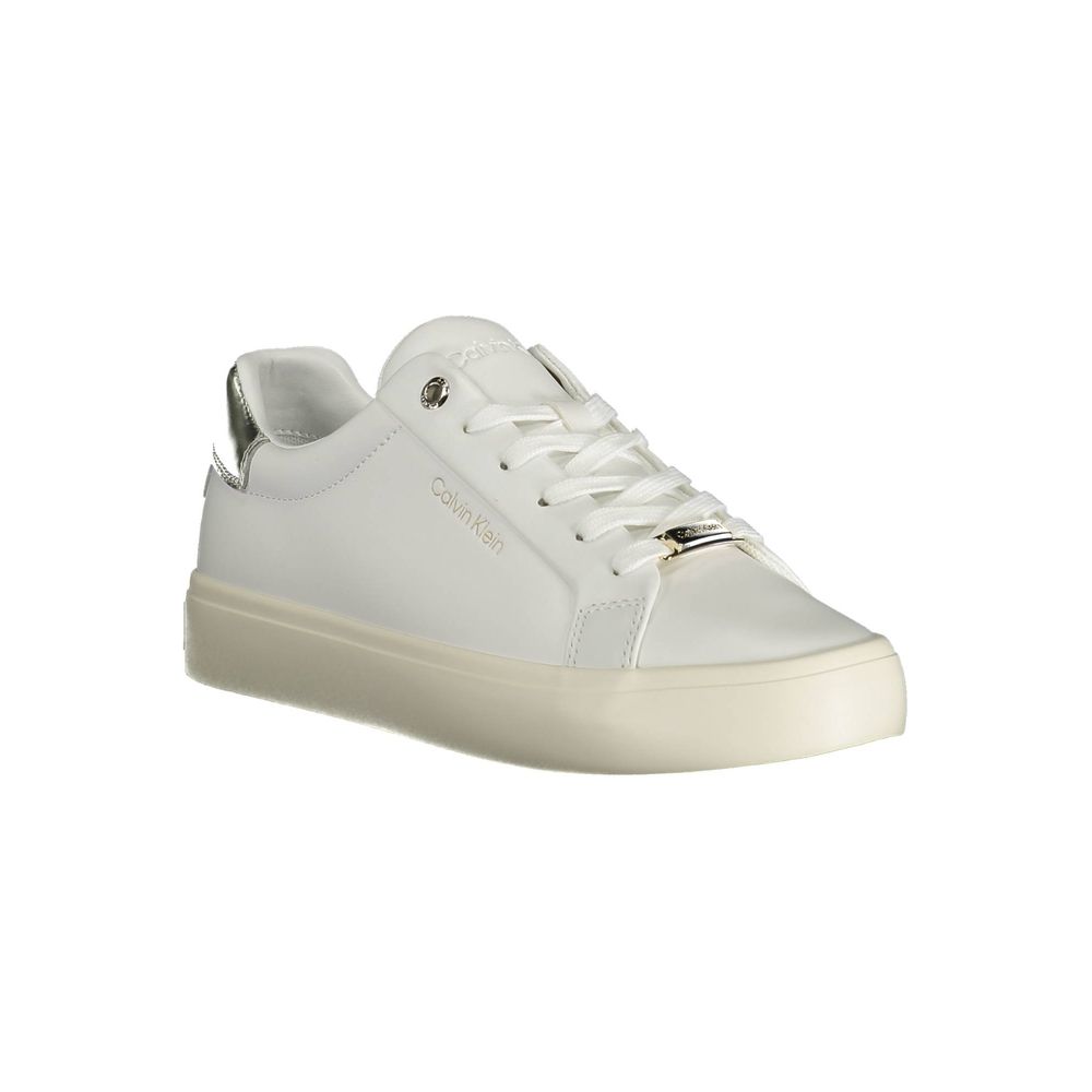 White Calvin Klein low-top sneaker with silver heel detail, white laces, and a thick off-white rubber sole.