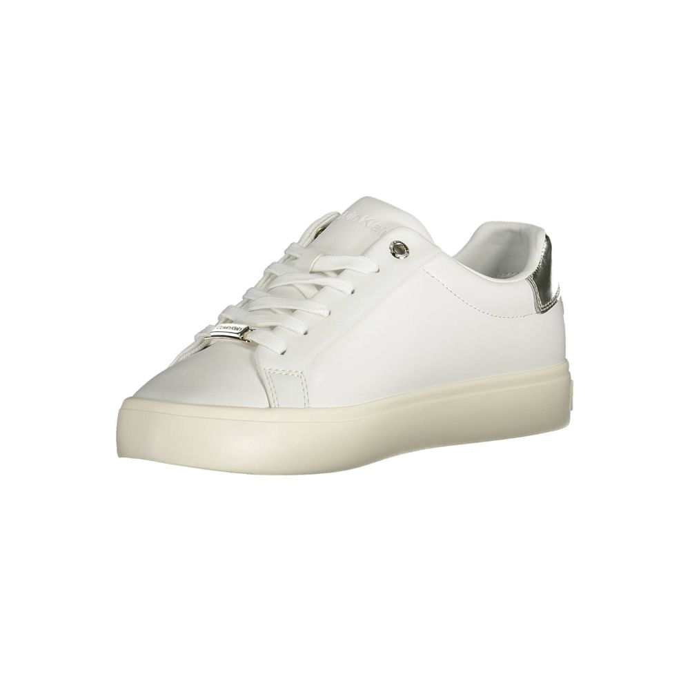 White leather Calvin Klein low-top sneaker with a cream rubber sole, silver eyelet, and metallic silver heel tab.