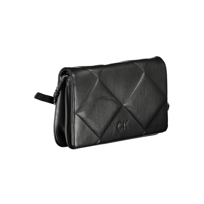Black quilted polyester women's shoulder bag with a sleek flap design