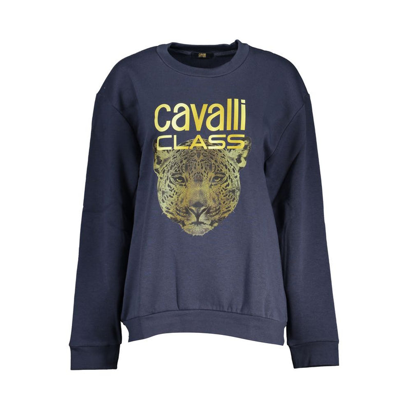 Blue polyester women's crewneck sweatshirt with gold leopard graphic and Cavalli Class logo