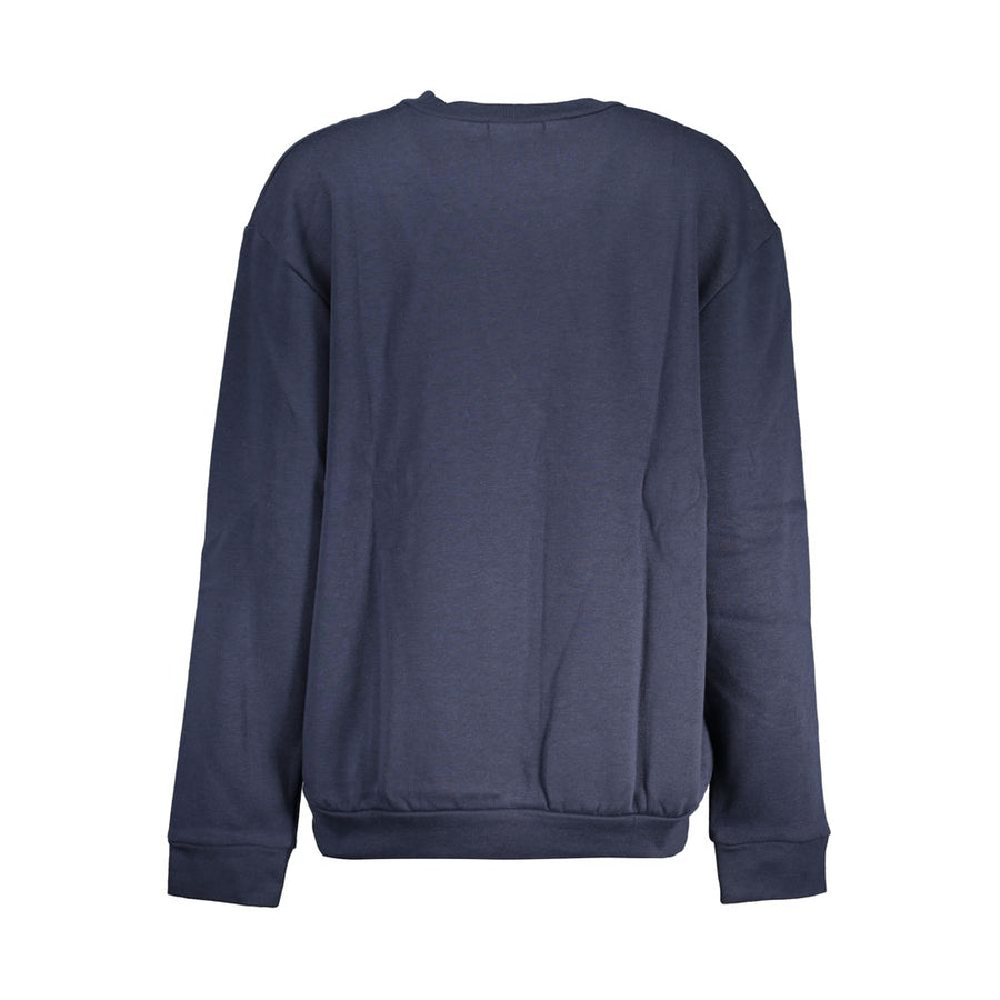 Blue polyester women's crewneck sweatshirt with gold leopard graphic and Cavalli Class logo