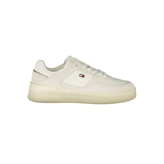 Off-white Tommy Hilfiger polyurethane and suede women's sneaker with a casual low-top lace-up design.