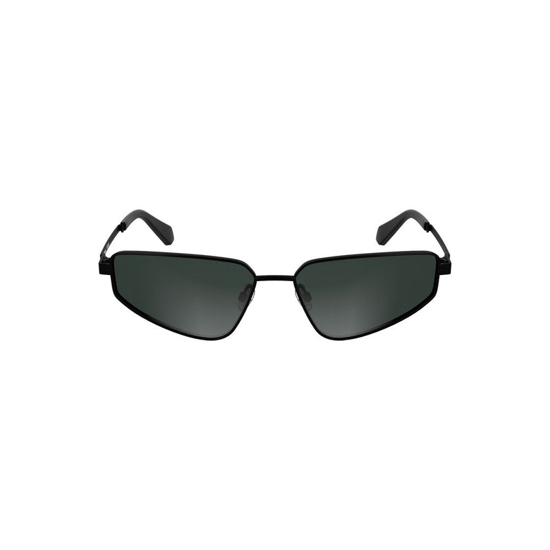 Black metal sunglasses with dark tinted lenses and angular geometric frames