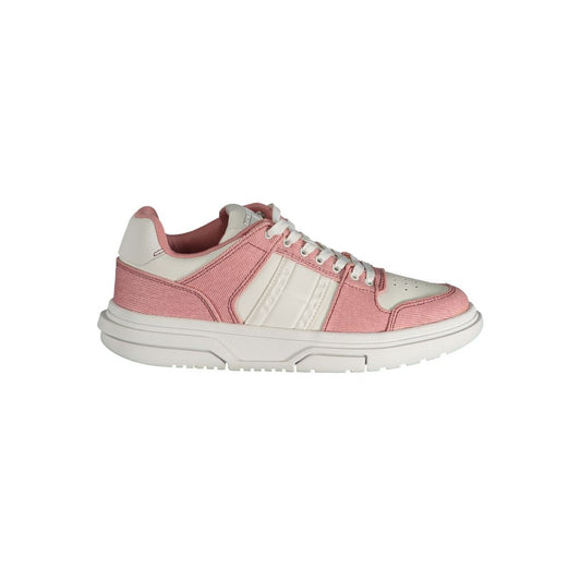 Tommy Hilfiger pink and white polyurethane women's sneaker with a casual lace-up style.