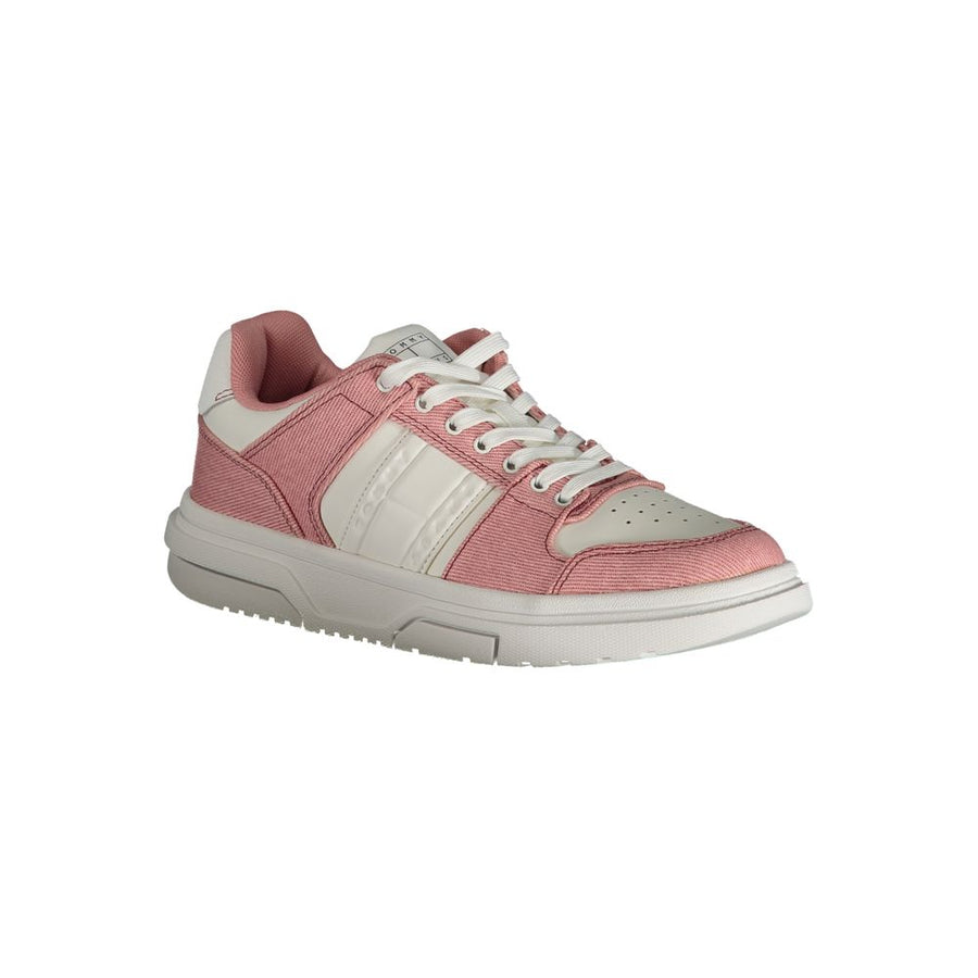 Tommy Hilfiger pink and white polyurethane women's sneaker with a casual lace-up style.