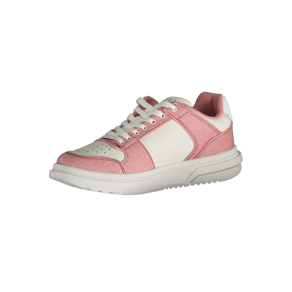Tommy Hilfiger women's sneakers in pink textile and white polyurethane with a chunky white rubber sole and lace-up front.