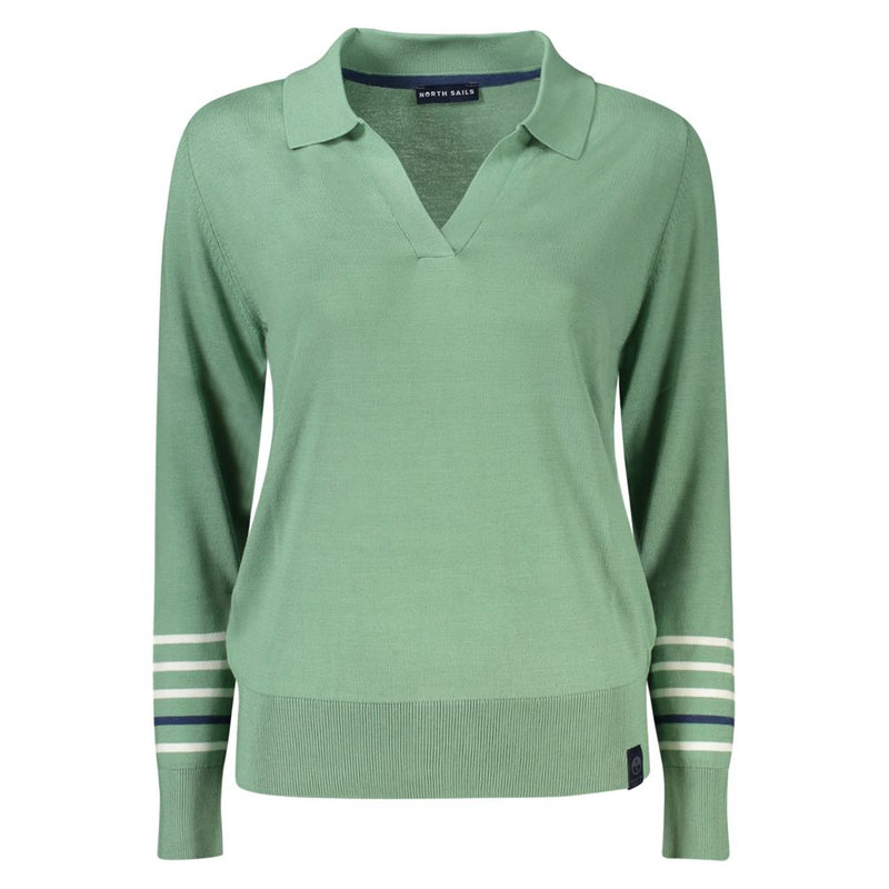 Light green viscose long-sleeved polo shirt with striped cuffs and a V-neck collar