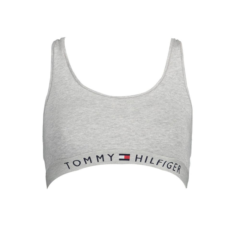 Grey cotton women's sports bra with scoop neck and Tommy Hilfiger branded band