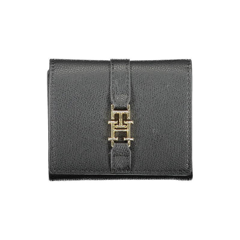 Black polyurethane women wallet with a textured surface and gold-tone hardware featuring the Tommy Hilfiger logo