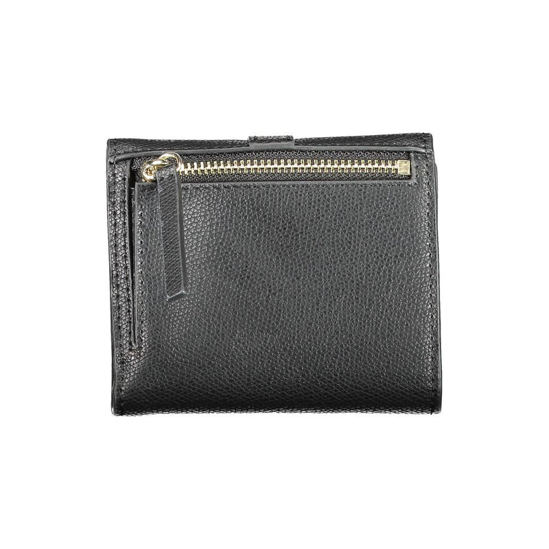 Black polyurethane textured wallet with gold zip pocket on the back