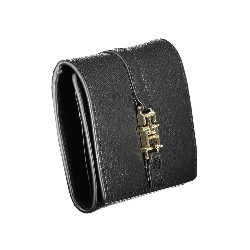 Black textured polyurethane women fold wallet with a gold logo clasp