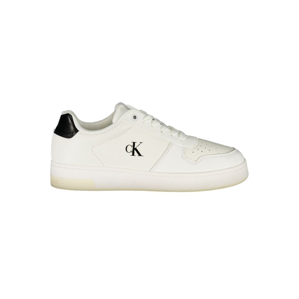 White polyurethane sneaker with lace-up style, black heel tab, and black Calvin Klein logo on the side.