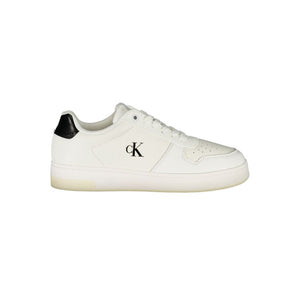White polyurethane sneaker with lace-up style, black heel tab, and black Calvin Klein logo on the side.