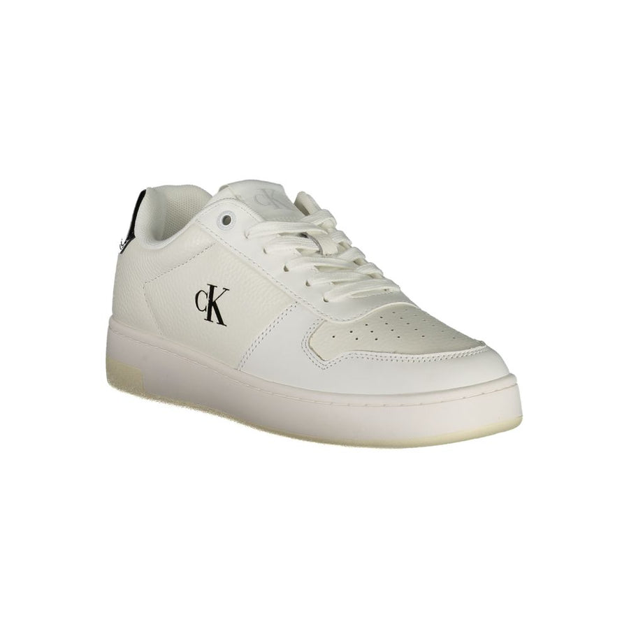 White polyurethane sneaker with lace-up style, black heel tab, and black Calvin Klein logo on the side.