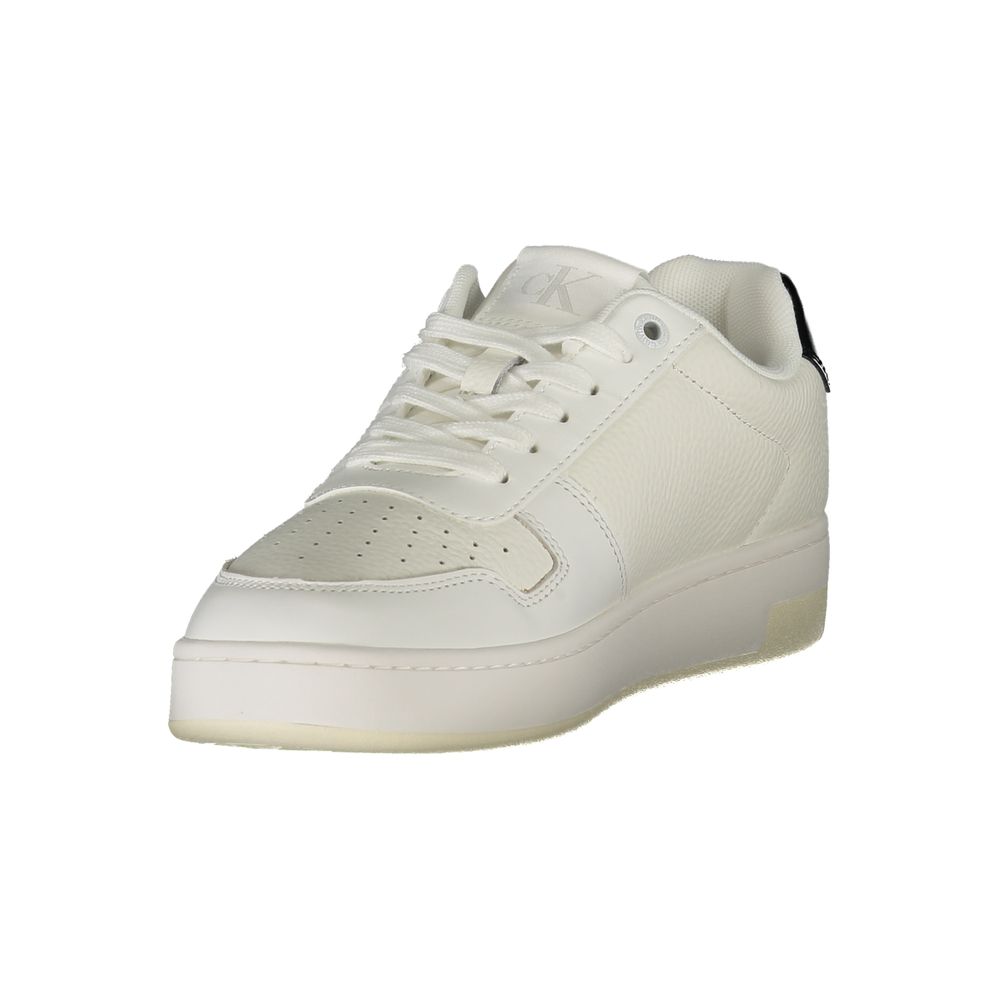 White polyurethane lace-up women's sneaker with perforated toe and Calvin Klein branding on tongue and heel.